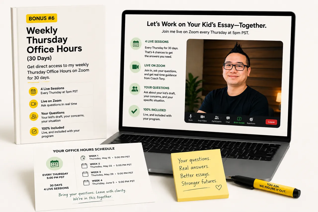 Bonus #6: Weekly Thursday Office Hours — workbook cover plus a Zoom screenshot of Coach Tony Le on a live call, with the schedule of 4 Thursdays at 5pm PST.