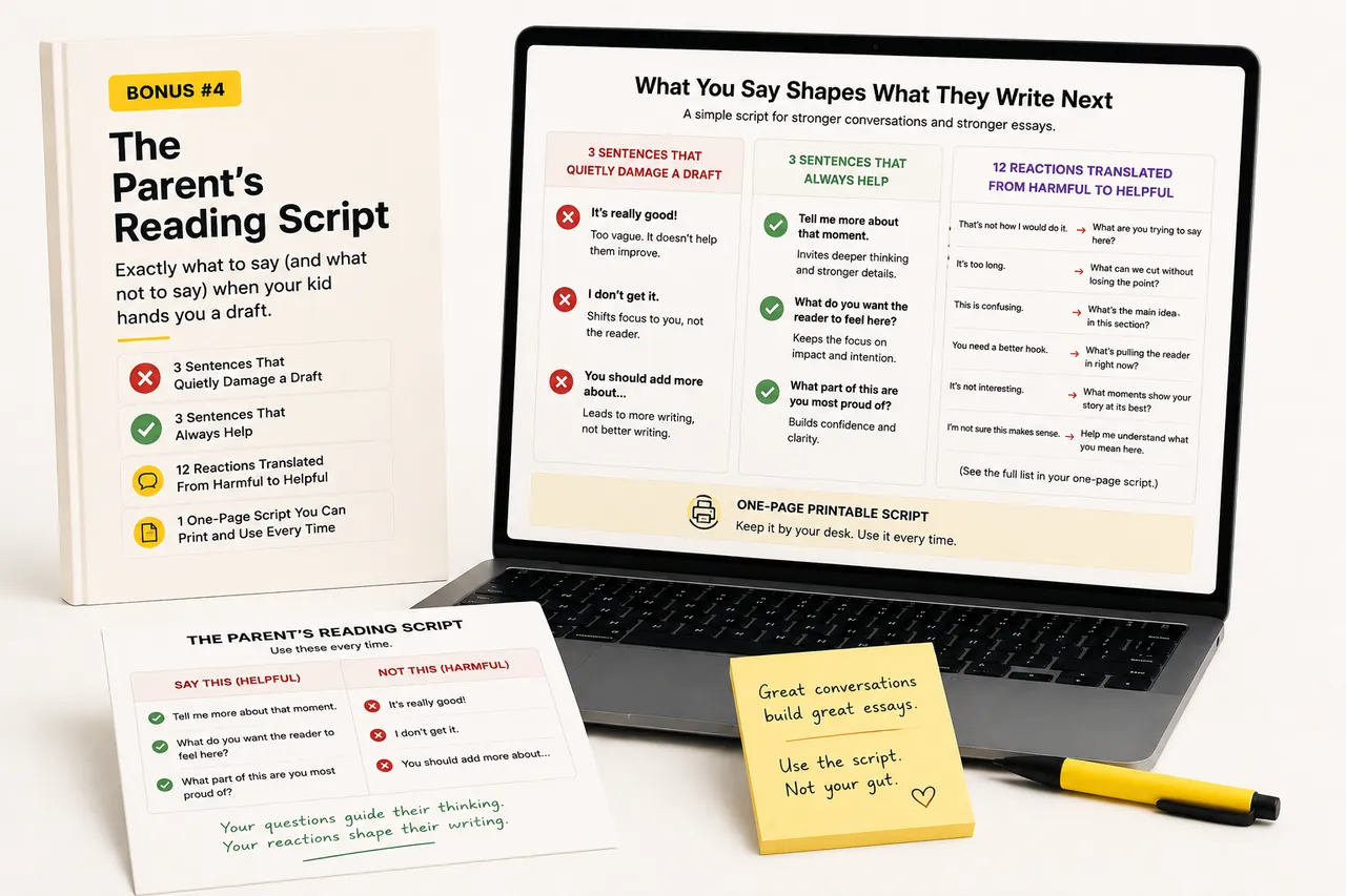 Bonus #4: The Parent's Reading Script — workbook cover plus a laptop showing the three sentences that damage a draft, the three that help, and twelve reactions translated to helpful.
