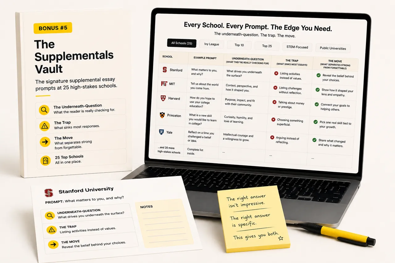 Bonus #5: The Supplementals Vault — guide cover plus a laptop showing 'Every School. Every Prompt. The Edge You Need.' with rows of school-by-school underneath-questions, traps, and moves.