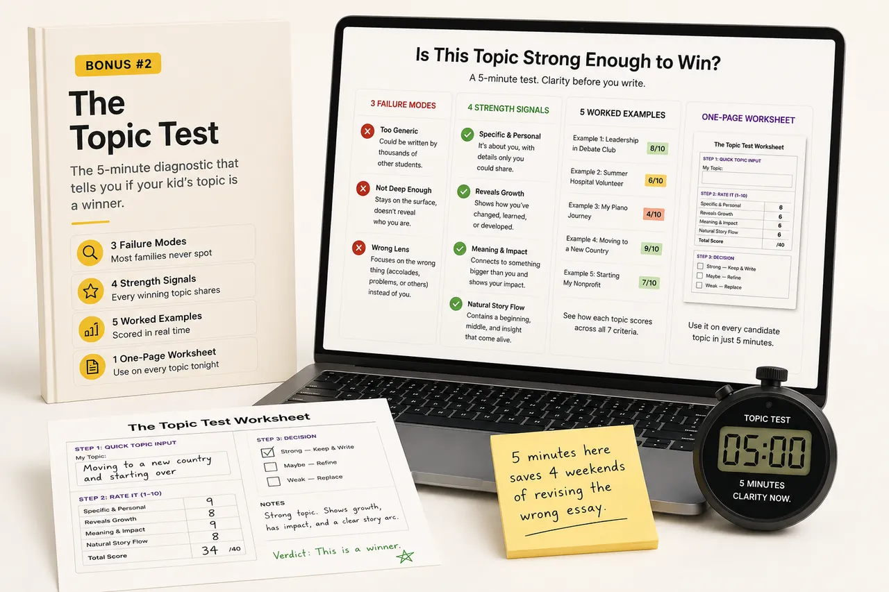 Bonus #2: The Topic Test — guide cover, a worksheet, and a laptop showing the 4-signal scoring diagnostic. A sticky note reads '5 minutes here saves 4 weekends of revising the wrong essay.'