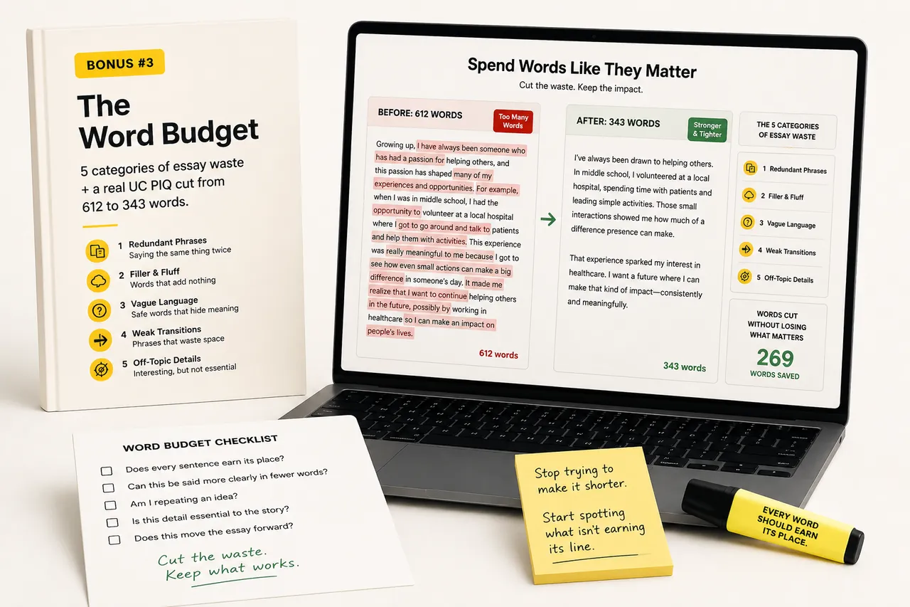 Bonus #3: The Word Budget — workbook cover plus a laptop showing a side-by-side before (612 words) and after (under 350 words) UC PIQ cut, with the 5 categories of essay waste labeled.