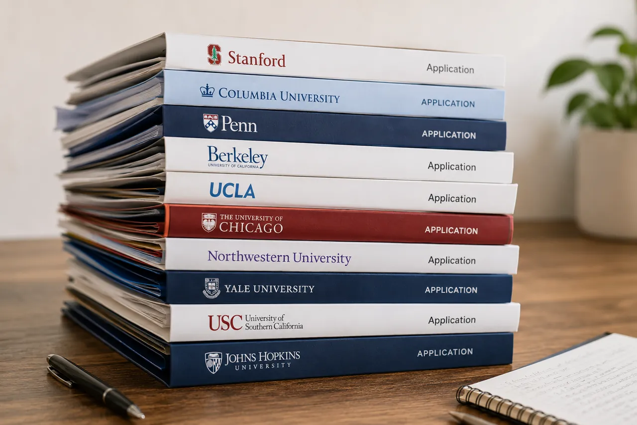 A stack of applications to Stanford, Columbia, Penn, Berkeley, UCLA, Chicago, Northwestern, Yale, USC, and Johns Hopkins