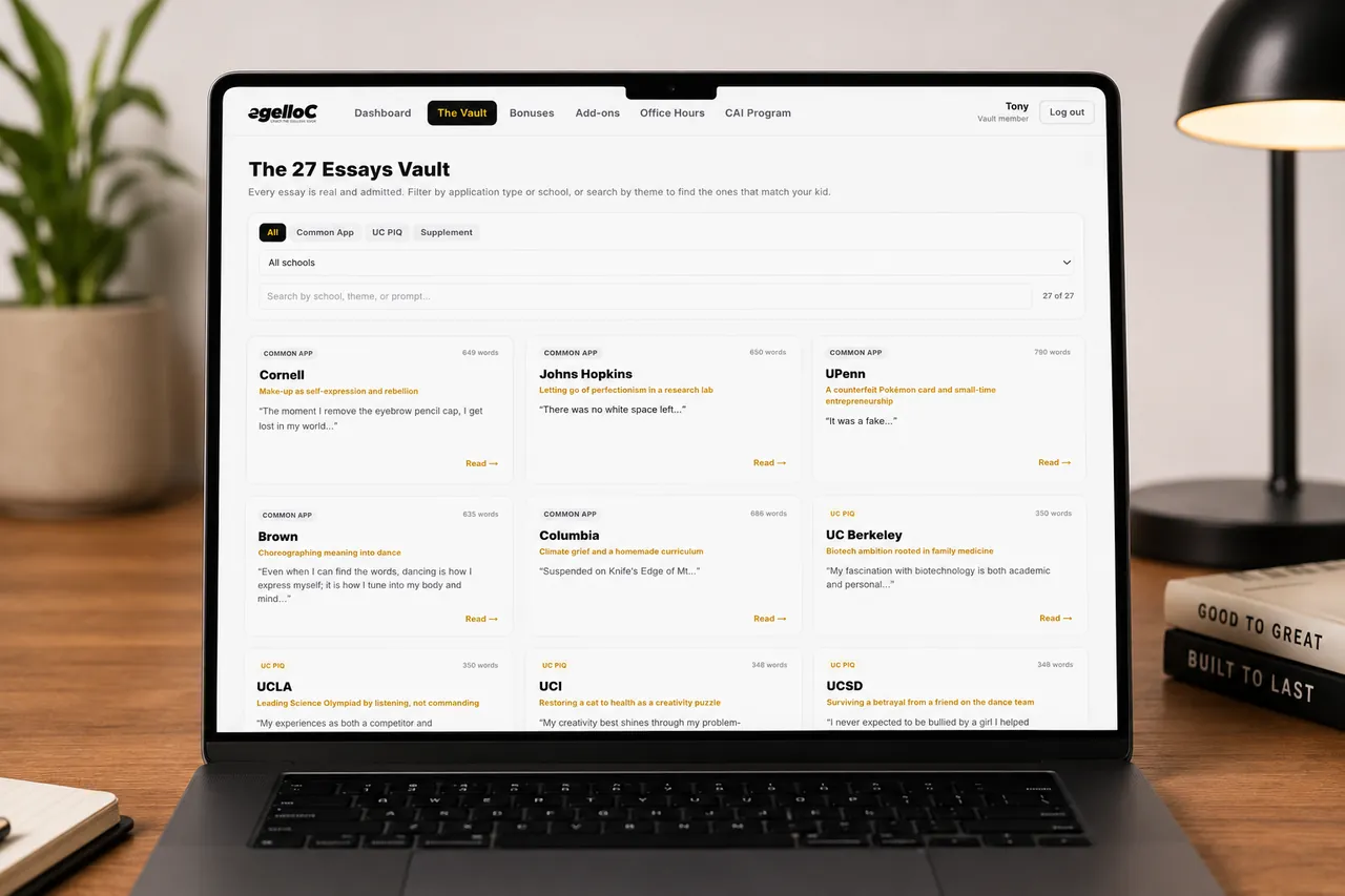 The 27 Essays Vault dashboard open on a laptop, with essay cards from Cornell, Johns Hopkins, UPenn, Brown, Columbia, UC Berkeley, UCLA, and USC