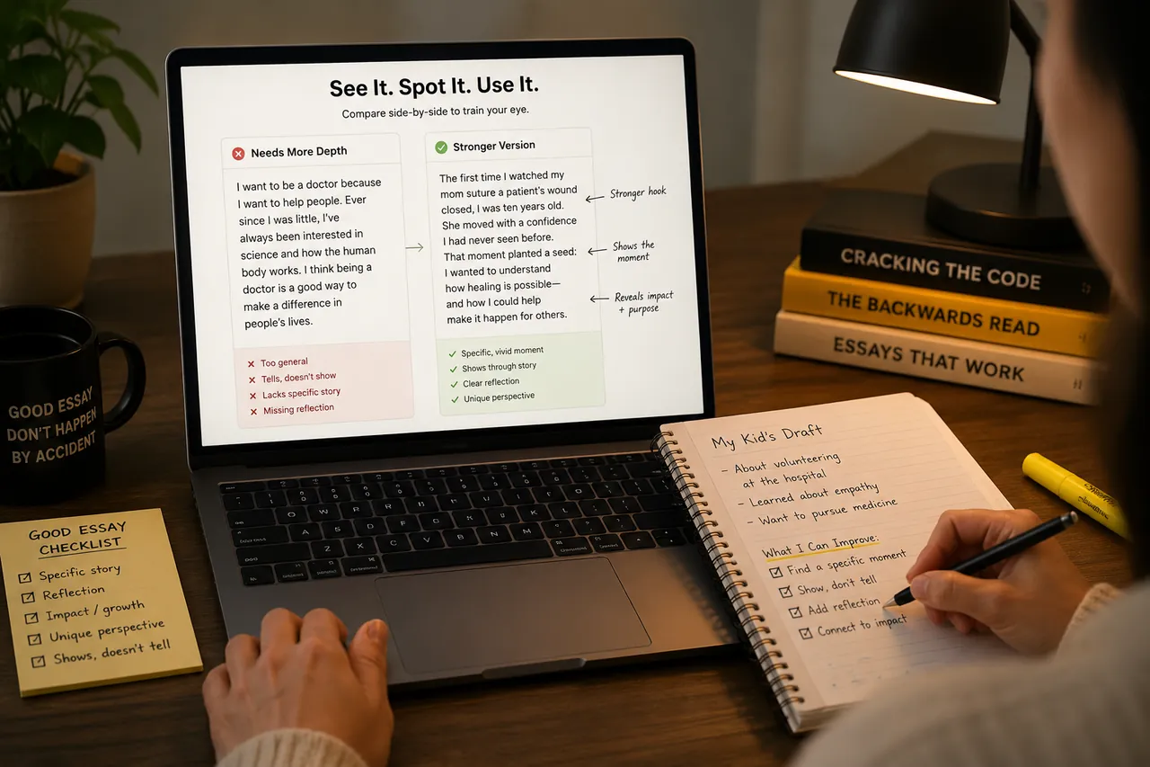 A 'See It. Spot It. Use It.' comparison view next to a notebook page reading 'My Kid's Draft' with an audit checklist