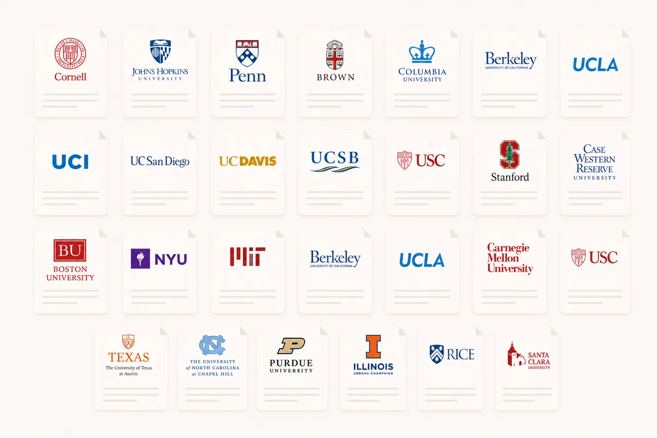 The 27 Essays Vault — grid of school logos including Cornell, Johns Hopkins, Penn, Brown, Columbia, Berkeley, UCLA, UCI, UC San Diego, UC Davis, UCSB, USC, Stanford, Case Western, BU, NYU, MIT, CMU, Texas, UNC, Purdue, Illinois, Rice, and Santa Clara