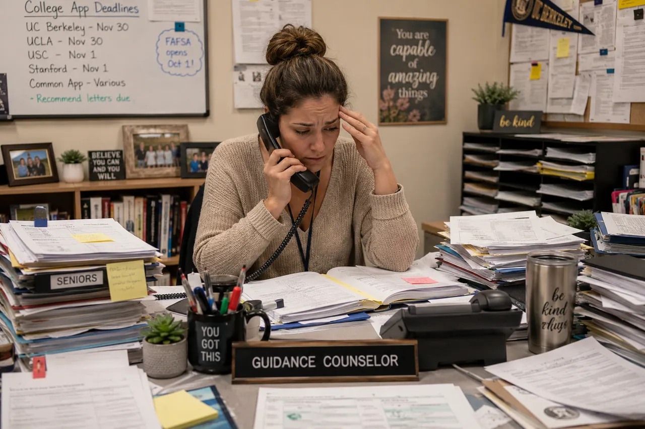 An overworked high school guidance counselor on the phone at a cluttered desk, with a college application deadlines whiteboard behind her