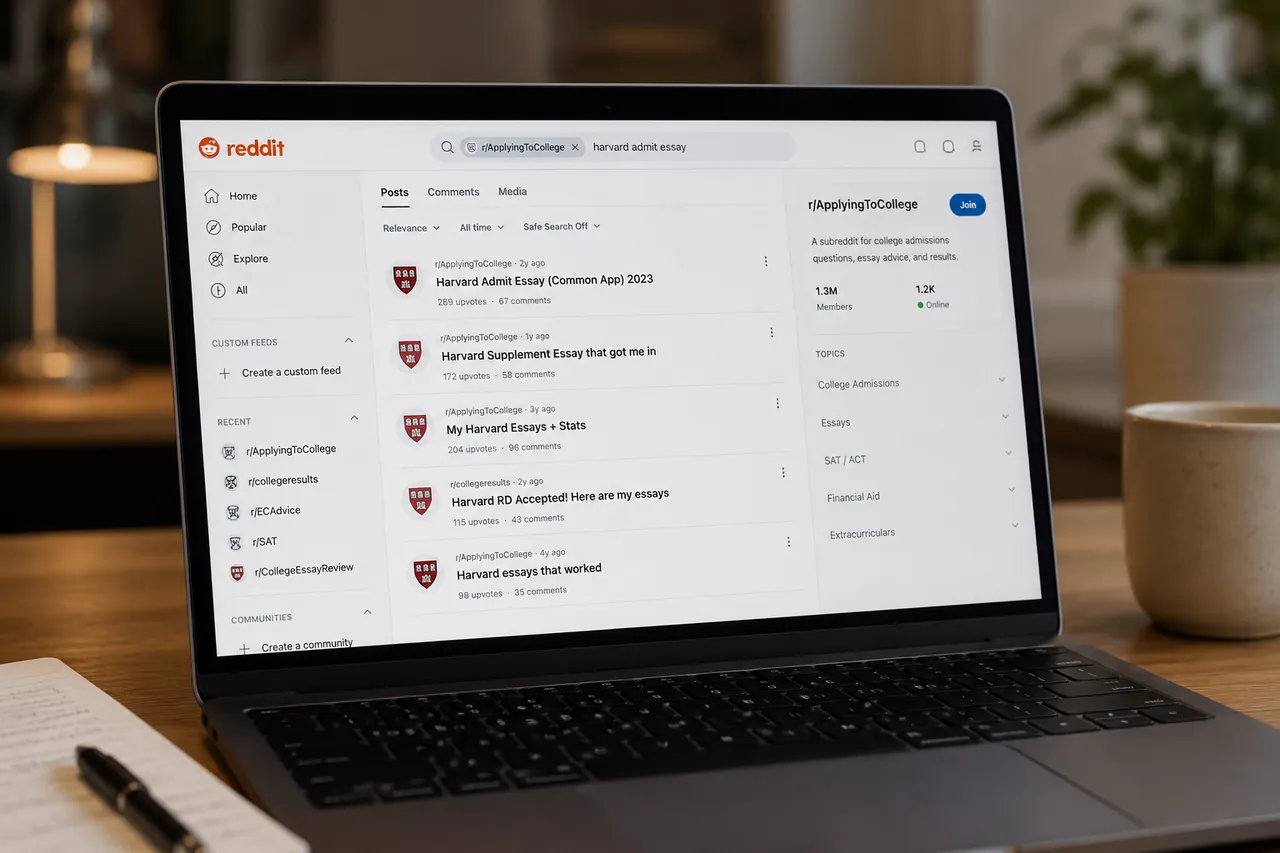 A laptop showing the r/ApplyingToCollege subreddit with Harvard admit essay search results